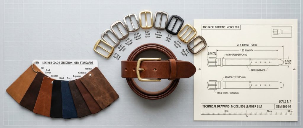 High-quality leather belt prototype and hardware swatches provided by our reliable manufacturing team