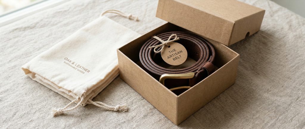 Minimalist and recyclable plastic-free packaging solutions for custom B2B leather belts