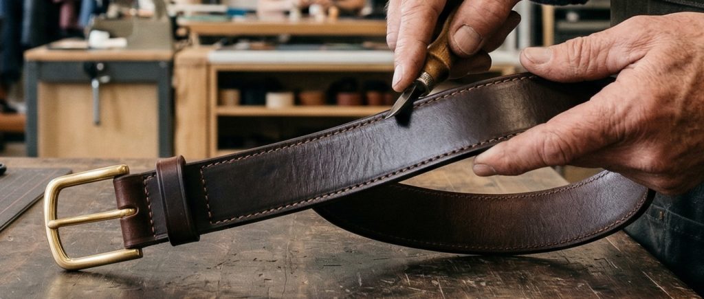 Craftsman working on custom leather belts at GZNIUS manufacturing facility in China