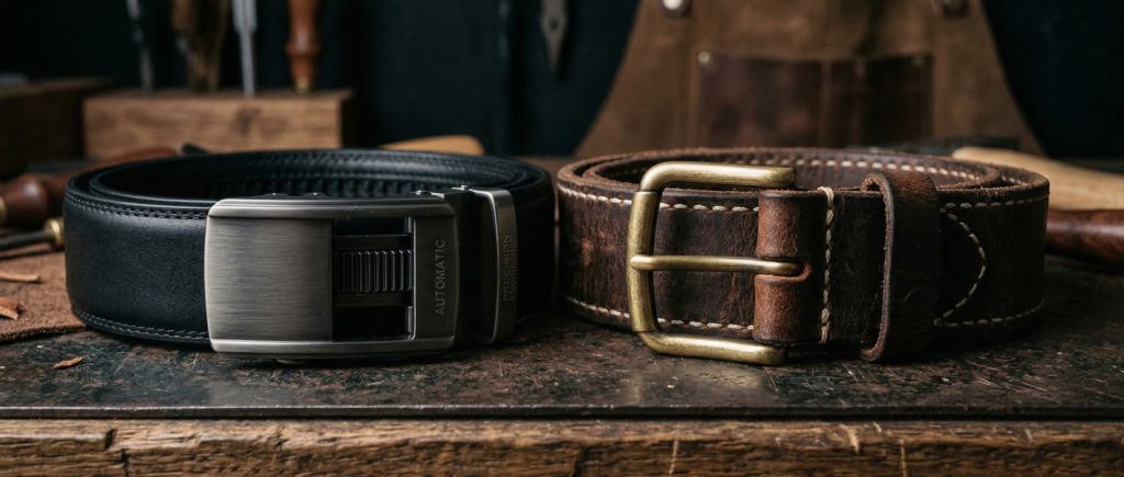 Men's belt trends showcasing an advanced automatic ratchet belt and a rugged vintage full-grain leather belt