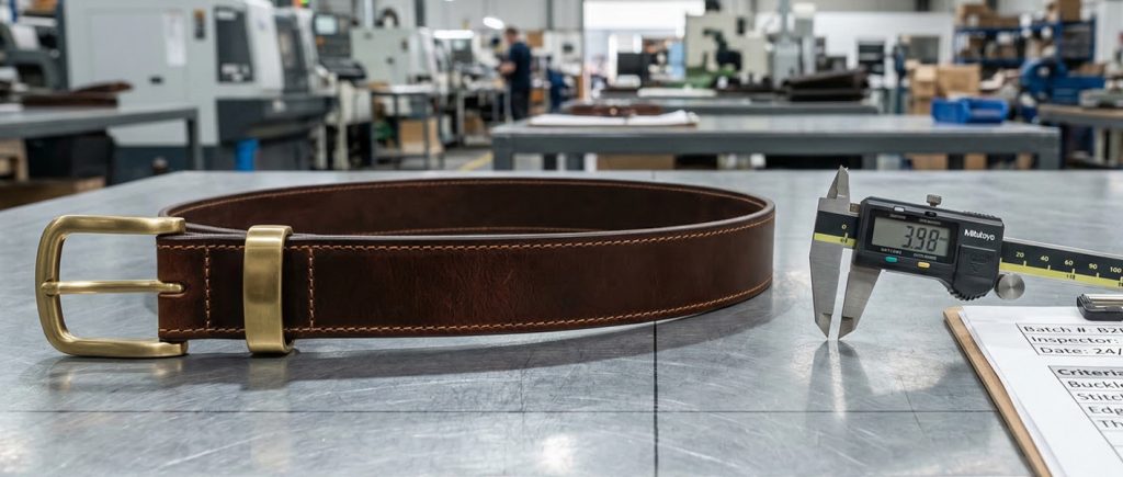 Strict quality control process and precision measurement for premium OEM leather belts at GZNIUS factory